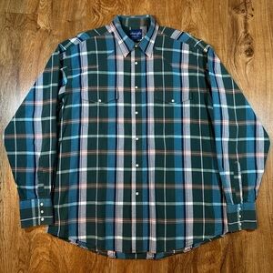 Vintage Wrangler Pearl Snap Plaid Western Shirt Size XXL Teal Blue Green Grey